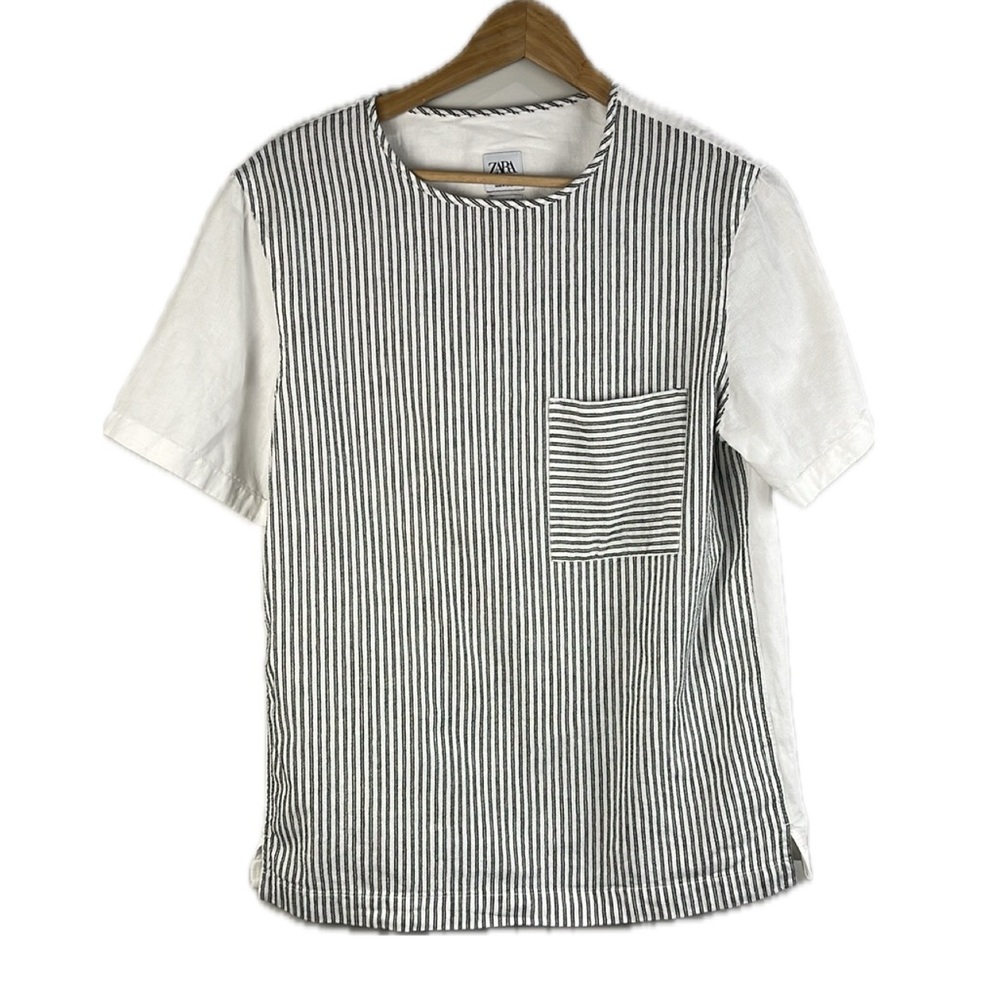 Zara Relaxed Fit Striped Linen Blend Pocket Mens T-shirt Sz S Beach Euro Retro